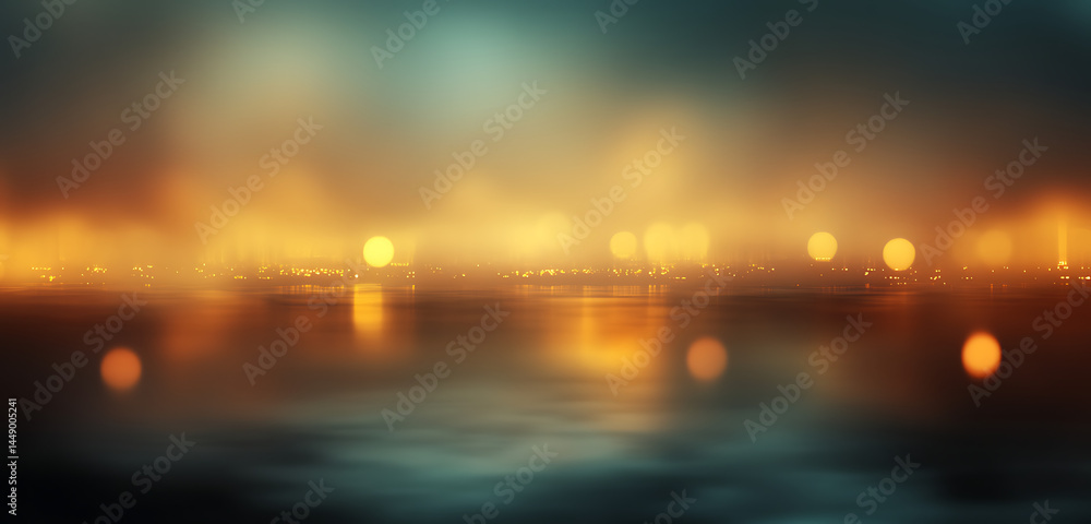 Poster blurred city lights at night, creating an abstract bokeh background with copy space.
