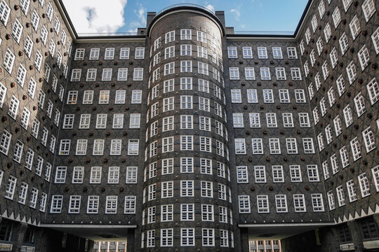 Kontorhaus District curved facade with geometric windows

