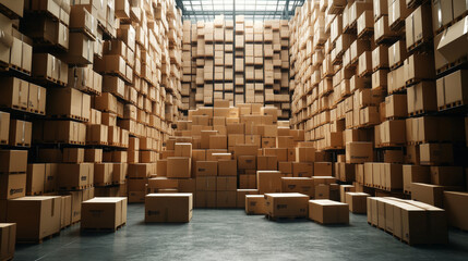 Interior of a distribution warehouse filled with numerous delivery boxes, symbolizing logistics and supply chain operations