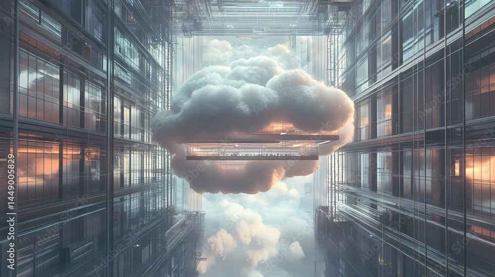 Sticker surreal architecture with a giant cloud inside a metallic room. generative ai image. [dream architec