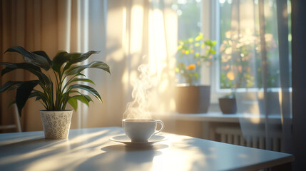 Morning sunlight filters in through the window onto a white table holding a steaming coffee cup