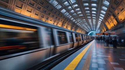 A modern subway train speeds through an urban metro station with passengers waiting.