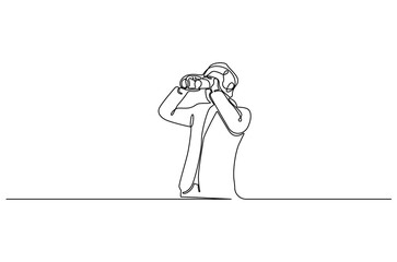 Continuous one line drawing of Young Man looking through with binocular. Single line drawing illustration of Male Enjoy looking for beauty. Finding concept vector art. Doodle line illustration.
