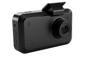 Examining Small Black Camera with Lens Cap on Transparent Background