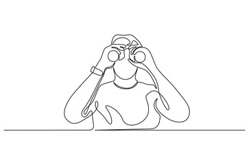 Continuous one line drawing of Young Man looking through with binocular. Single line drawing illustration of Male Enjoy looking for beauty. Finding concept vector art. Doodle line illustration.