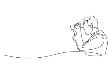 Continuous one line drawing of Young Man looking through with binocular. Single line drawing illustration of Male Enjoy looking for beauty. Finding concept vector art. Doodle line illustration.