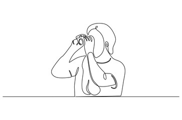 Obraz premium Continuous one line drawing of Young Man looking through with binocular. Single line drawing illustration of Male Enjoy looking for beauty. Finding concept vector art. Doodle line illustration.