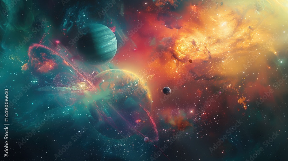 Poster galaxy scene of vibrant planet inside outer space orbit with vividness of light from nebula or star.