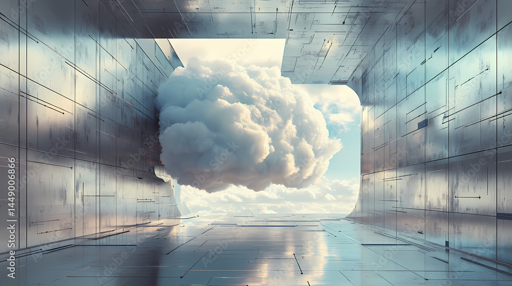 Wall mural surreal architecture with a giant cloud inside a metallic room. generative ai image. [dream architec