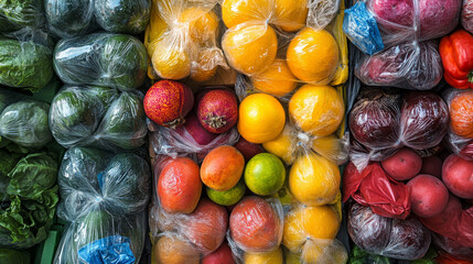 Plastic-wrapped fruits and vegetables at a market stall, illustrating excessive packaging waste