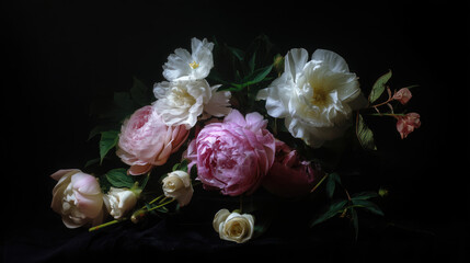 Still life of delicate pinks and whites.  Softly lit blossoms,  peonies, roses, and foliage