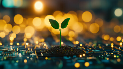 Young green seedling emerging from digital circuit board surrounded by glowing golden bokeh lights representing eco-technology and innovation. Sustainability and future concept
