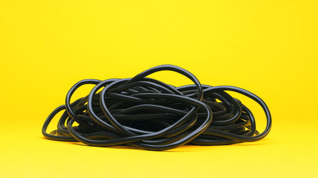 Rolled and tangled computer wires displayed on a yellow backdrop