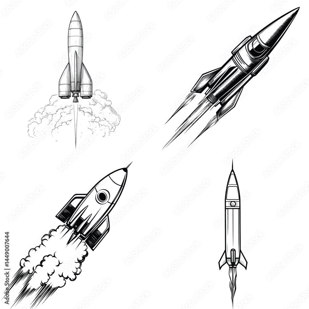 Poster monochrome rockets collection sketch style with flame effect on transparent background