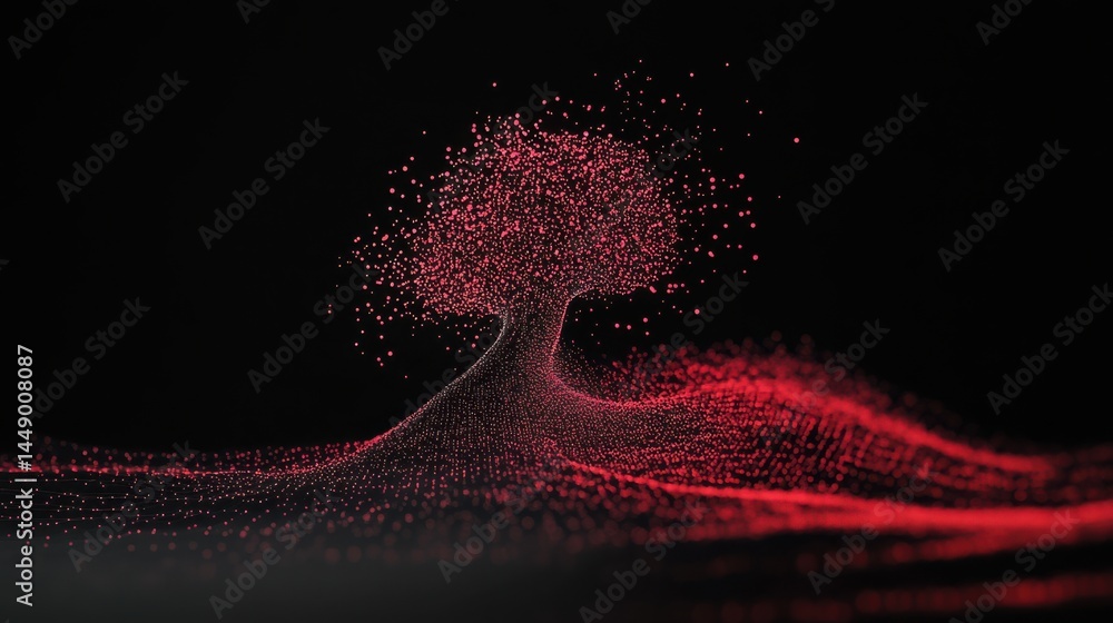Poster vivid abstract representation of a tree formed by particles against black background