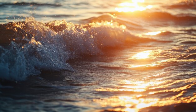Golden sunset waves crashing on the shore. Sunlight reflecting on the water's surface.  Ocean waves frothing with bubbles