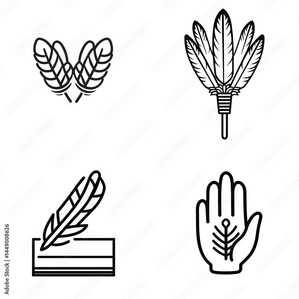 Poster native american feather set of four in vector line drawing on a transparent background