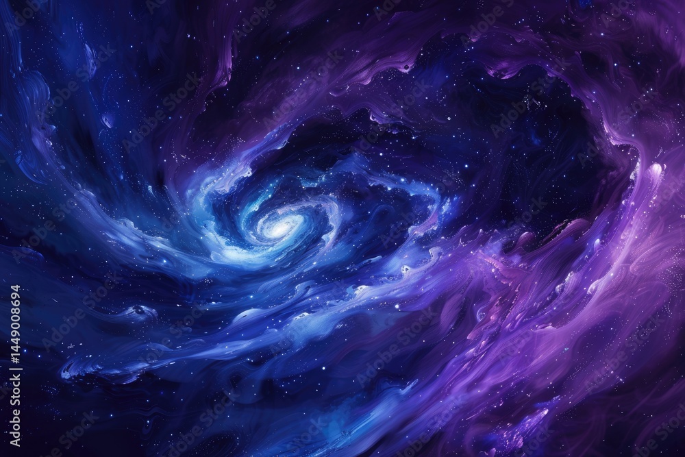 Poster galaxy scene of vibrant planet inside outer space orbit with vividness of light from nebula or star.