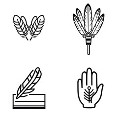 Fototapeta premium Native American feather set of four in vector line drawing on a transparent background