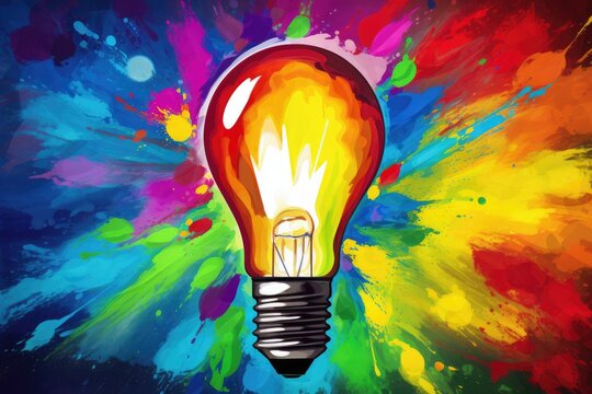 Colorful light bulb illustration on vibrant splatter background. Creative thinking and innovation concept. Science education, invention day, world creativity and innovation week
