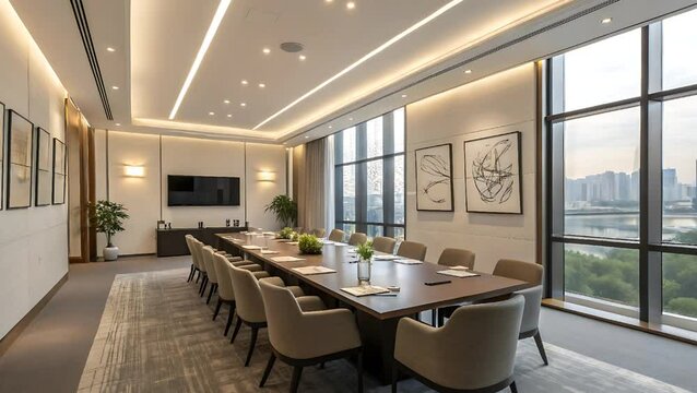 Conference room with long table chairs and large window view art