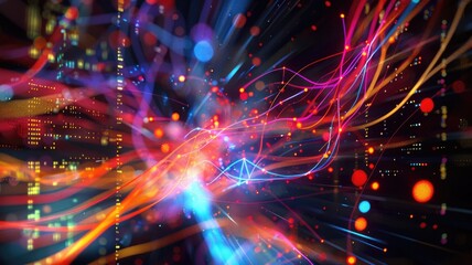 Fototapeta premium This abstract image features vibrant lines and colorful dots, representing similarity measurements in a digital world. Perfect for modern technology themes.