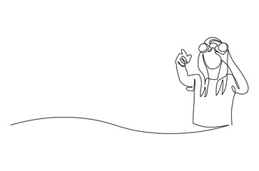 Continuous one line drawing of Young woman looking through with binocular. Single line drawing illustration of female Enjoy looking for beauty. Search concept vector art. Doodle line illustration.