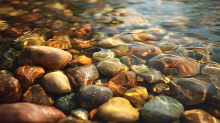 Obraz premium Sunlight dances on the water, illuminating smooth pebbles beneath, creating a natural, textured scene