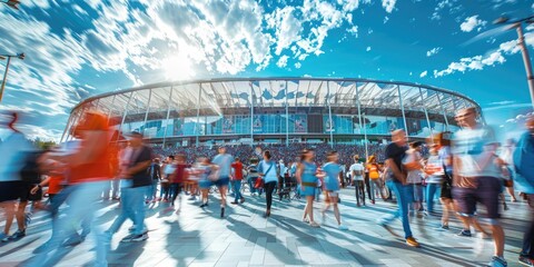 Crowd of people walking outside a stadium in motion blur with the sunset in the background. The long exposure image of visitor walking and visiting at sport arena. Sports and event concept. AIG55.