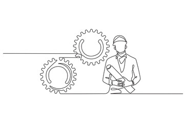 Continuous one line drawing of young engineers looking at gear mechanism. Single line drawing illustration of man looking gear. Business plan concept vector art. Doodle line illustration.
