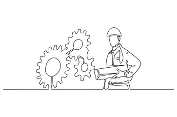 Continuous one line drawing of young engineers looking at gear mechanism. Single line drawing illustration of man looking gear. Business plan concept vector art. Doodle line illustration.