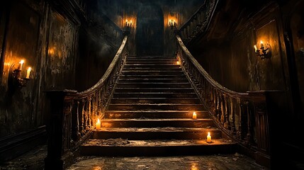 Dark, abandoned mansion staircase with candles.
