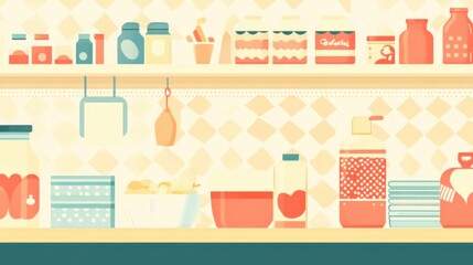Colorful Kitchen Pantry with Various Jars and Containers on a Shelf