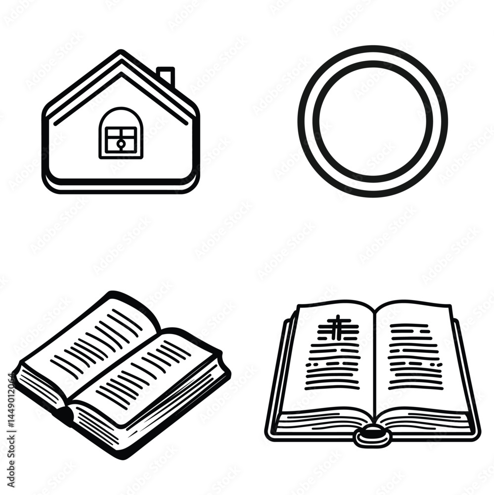 Poster open books and minimalist house with round shape on transparent background