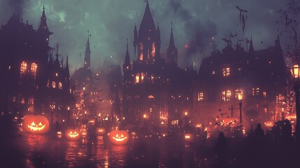 Obraz premium Spooky Halloween night in a gothic town with carved pumpkins floating on water.