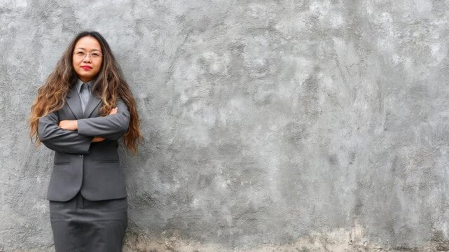 Confident businesswoman standing with arms crossed against a textured gray wall in a professional suit