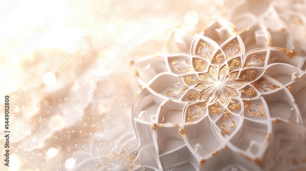 Poster intricate white and gold flower pattern with soft bokeh background effects