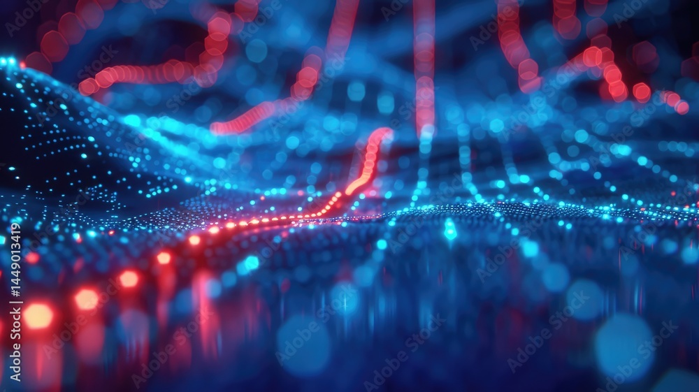 Poster abstract picture of neon light particle with digital technology style design connecting become dynam