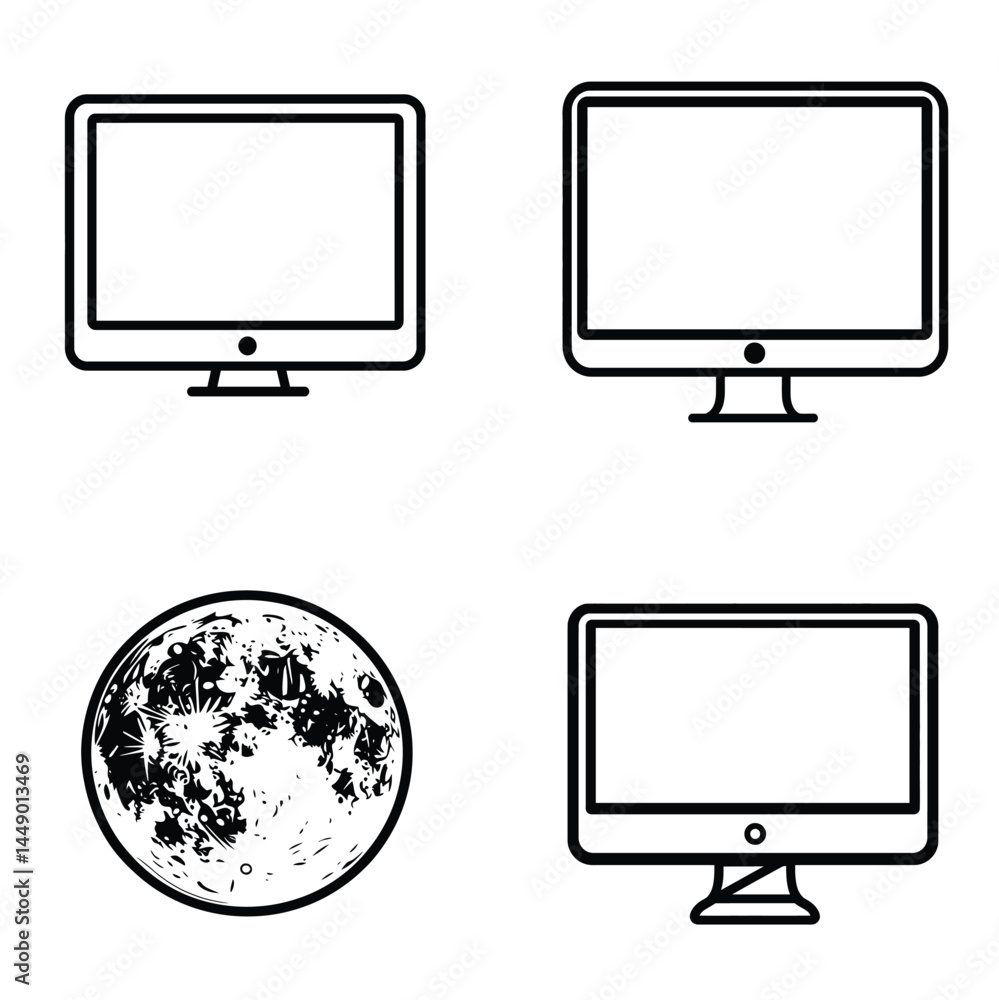 Poster outline computer monitor icon set with planet earth globe on white background
