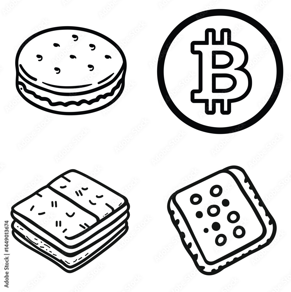Aufkleber outline cookies and crackers with bitcoin icon on transparent background