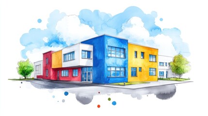 Colorful modern school building illustration with geometric design and watercolor style