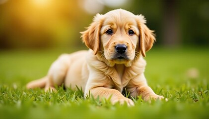 Golden retriever puppy laying down, looking up, pet portrait, friendly