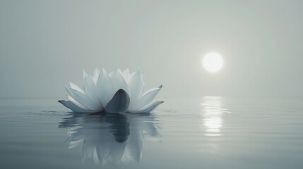 Peaceful lotus flower floating on tranquil water at sunrise.