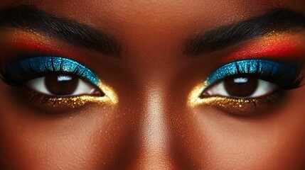 Vibrant makeup accentuates expressive eyes during an art-inspired beauty event at sunset
