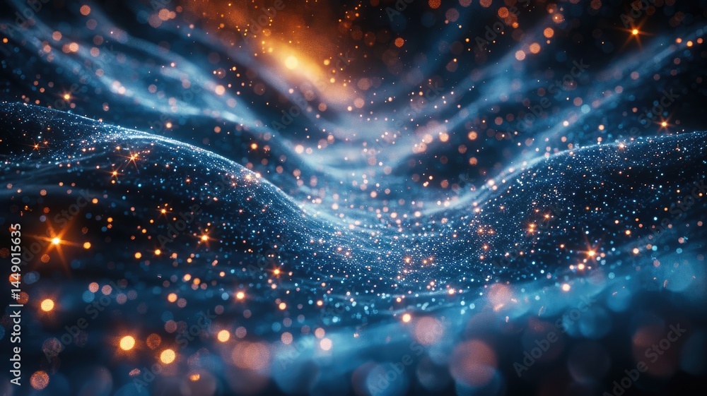 Poster abstract picture micro light sparkling particle represent data flow vivid flowing wave with high tec