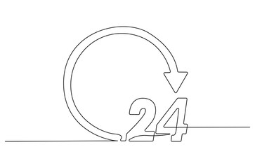 Continuous one line drawing of 24 Hours icon. Single line drawing illustration of Open every day service. Busines icon concept vector art. Doodle line illustration.