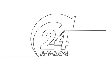 Continuous one line drawing of 24 Hours icon. Single line drawing illustration of Open every day service. Busines icon concept vector art. Doodle line illustration.