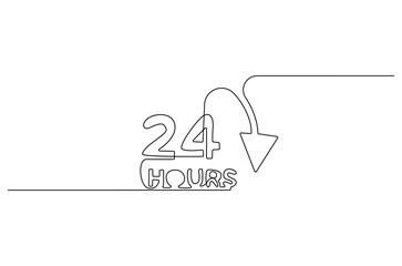 Continuous one line drawing of 24 Hours icon. Single line drawing illustration of Open every day service. Busines icon concept vector art. Doodle line illustration.