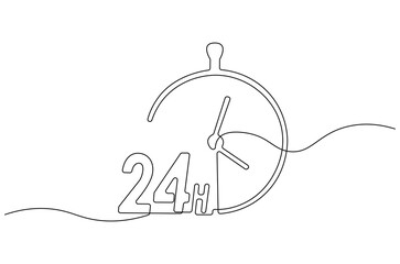 Continuous one line drawing of 24 Hours icon. Single line drawing illustration of Open every day service. Busines icon concept vector art. Doodle line illustration.