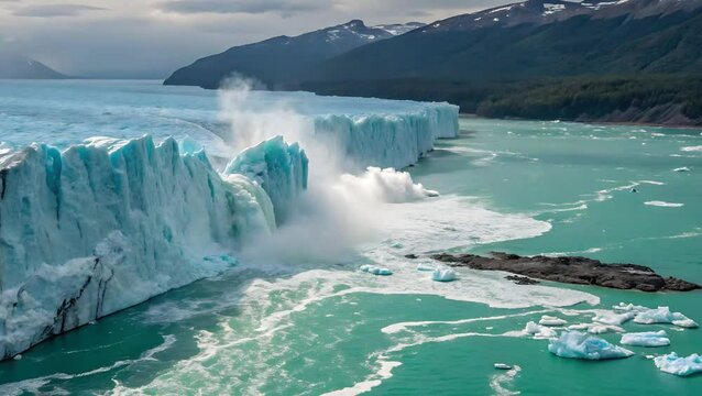 Perito moreno glacier calving into the turquoise lake waterscape